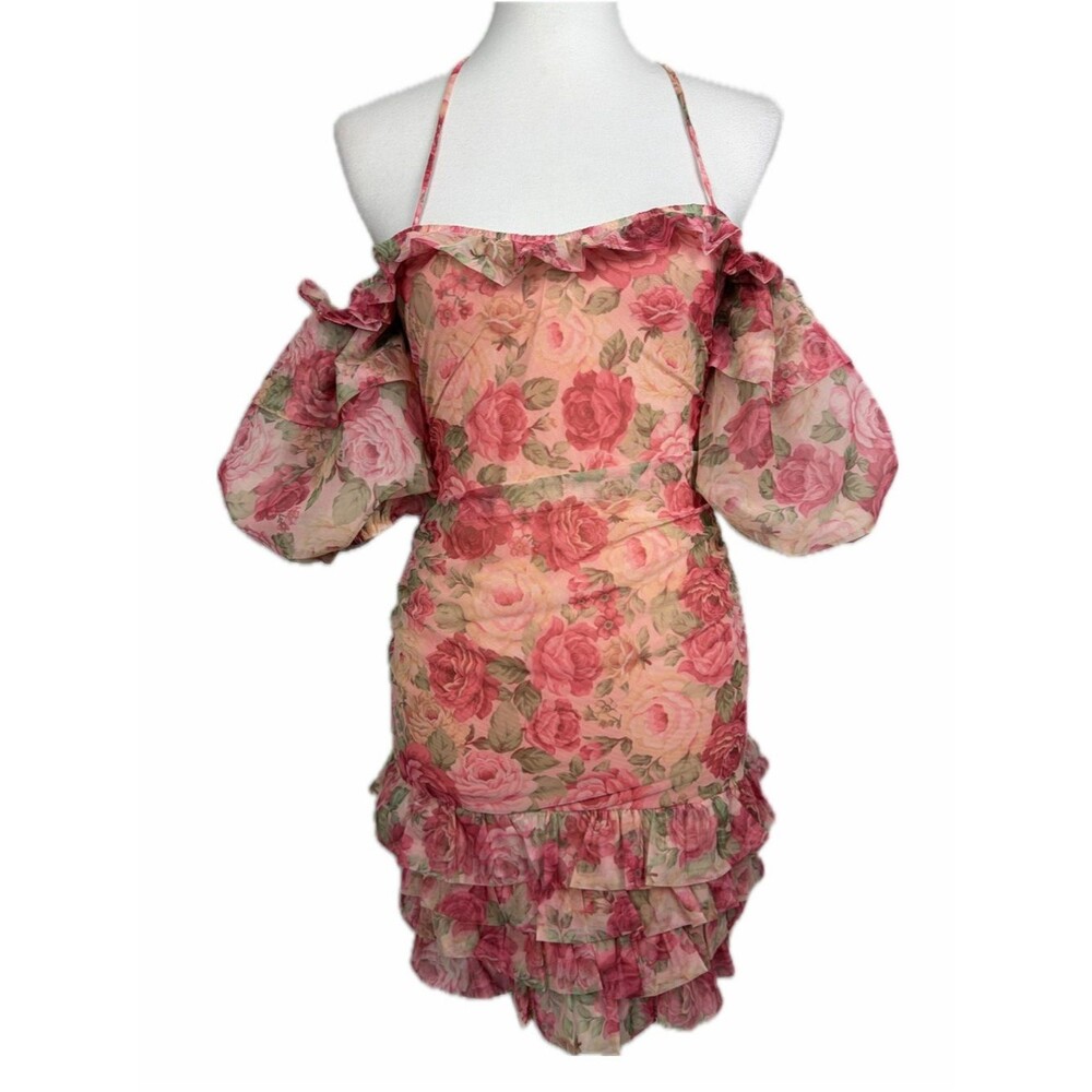Alamour the Label Shailee Ruched Dress Sz S Floral Off Shoulder Puff Sleeve Date